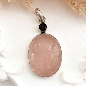 Rose Quartz Black Onyx Semi-Precious Gemstone Sterling Silver Vintage Pendant
